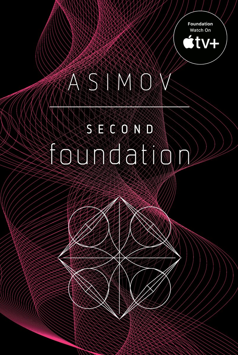 the cover of Isaac Asimov's Second Foundation, with a black background and a pink figure of a a series of 3d object renderings in the foreground