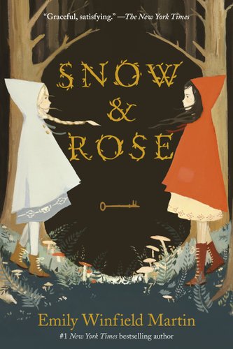 Snow and Rose by Emily Winfield Martin, book cover of Snow and Rose, each with their colored coats staring at each other from the starting point of the dark woods.
