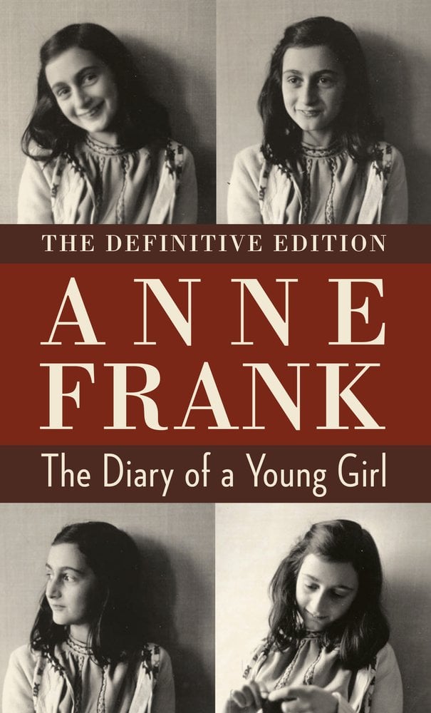 Anne Frank is seen in theree different black-and-white portraits in each corner where she is smiling or looking away.