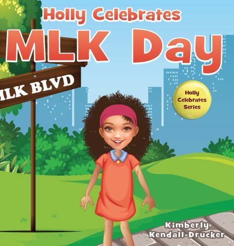 A little girl with a curly afro stands in an orange dress outside on the sidewalk. She looks to be a park. There are trees and grass all around her with grayed cityscape in the background.