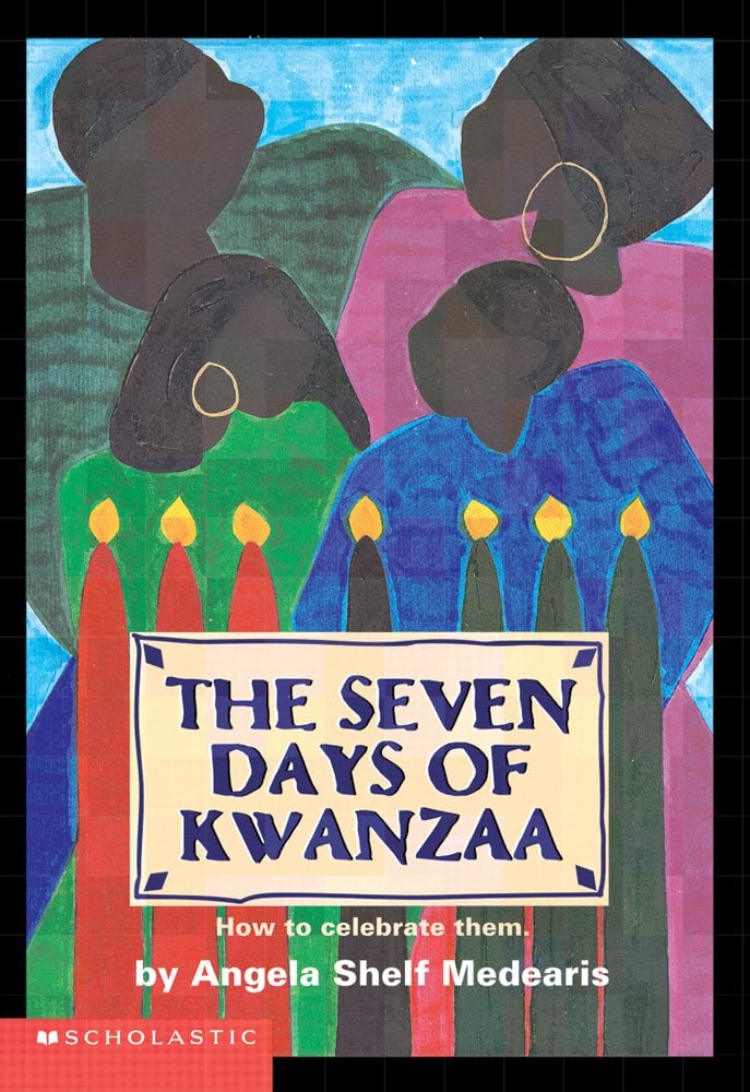 The Seven Days of Kwanzaa by Angela Shelf Medearis book cover. The cover has 4 sillhoutes of people wearing different colored clothes and in front of them is 7 candles, with a box holding the title in front.