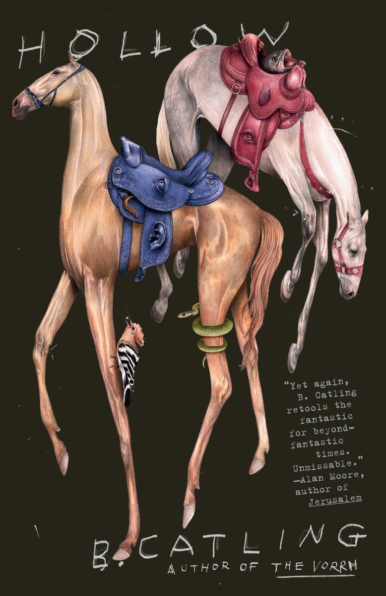 This cover is unique as it is in the style of Hieronymus Bosch. Two horses are long and appear limp. Eyes and ears are on their saddle, a woodpecker clings to one horse, and a fish emerges from the other horses' saddle. "Hollow" and "B. Catling" are drawn in basic font at the top and bottom.