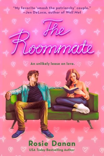 A man and a woman are sitting on a green couch with a pink background covered in heart and stars. The woman is reading a book, while the man looks at her.
