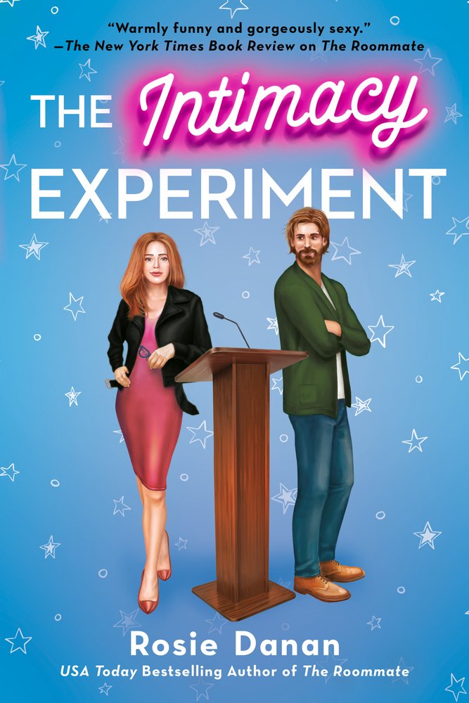 This cover has a blue background with white stars all around it. There is a man and a woman standing on sides of a brown podium. The man is looking at the woman.