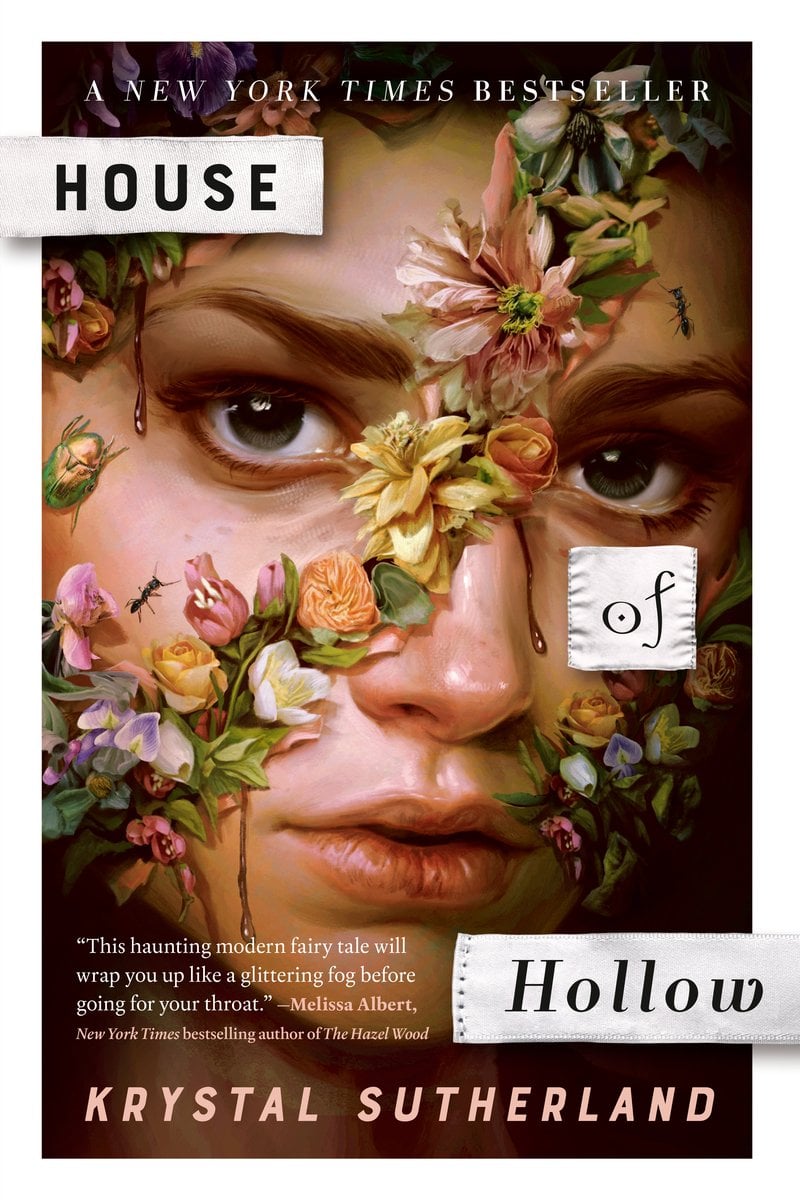 House of Hollow by Krystal Sutherland, a horror fiction book cover showing a dark floral design with vivid flowers entwined around a pale, feminine face, with the title in white, arranged like notes.