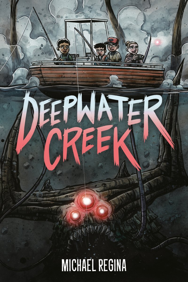 Book cover of Deepwater Creek by Michael Regina, featuring a group of four children diverse in skin tone, hair color/texture, and gender presentation fishing in a small trawler; beneath the water, a Lovecraftian horror monster with glowing red eyes looms.
