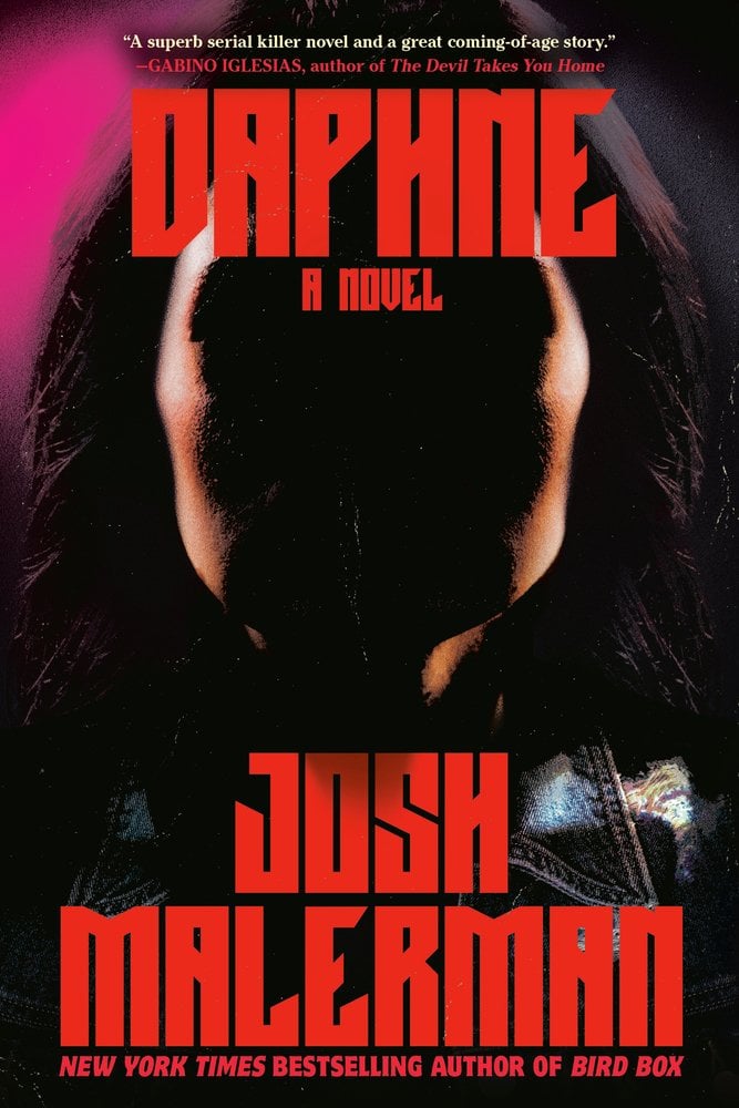 The book cover for Daphne by Josh Malerman. The title and author text is in red-colored font. The background is a brunette woman with a blacked-out shadowed face.