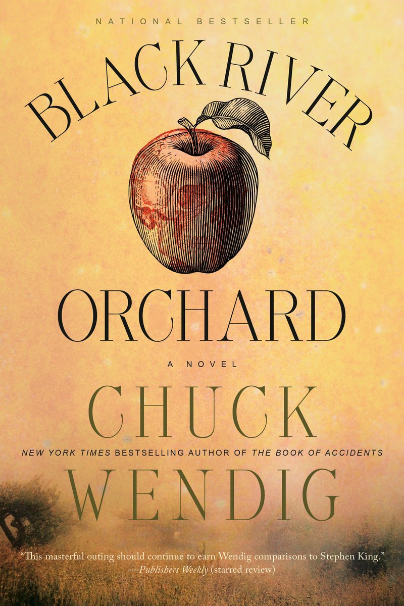 Black River Orchard by Chuck Wendig, a horror fiction book cover depicting an illustration of an apple in black and red, with a sand yellow background, and the title in black segregated between the apple.