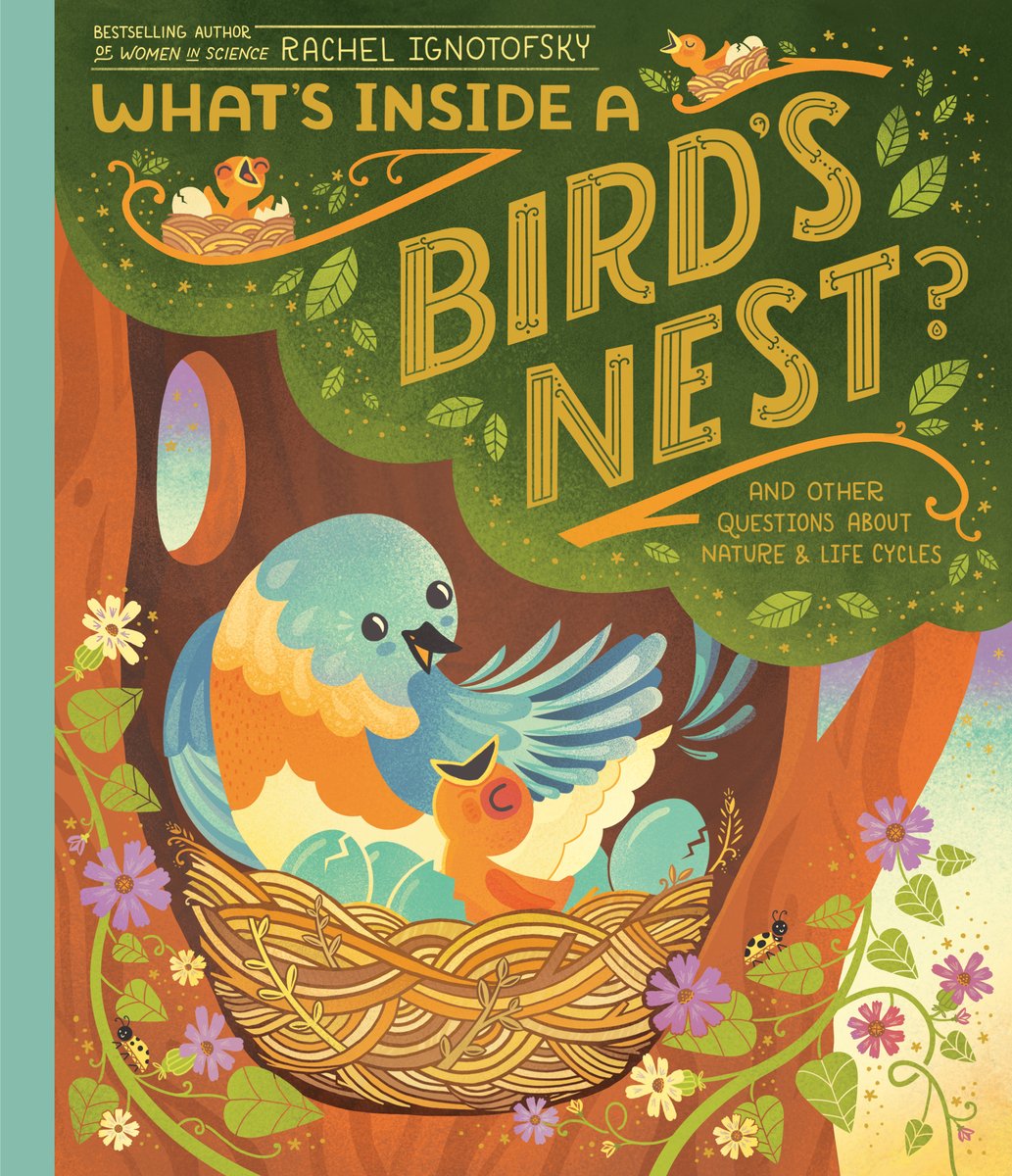 What's Inside a Bird's Nest? by Rachel Ignotofsky, a children's book cover with a blue and orange bird in a woven nest, laying next to a smaller orange bird and surrounded by hatching eggs.