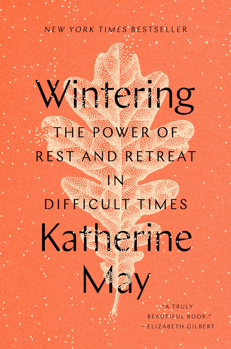The title Wintering: The Power of Rest and Retreat in Difficult Times by Katherine May sits across the center against a sparkling, orange background. The lettering for the title and author's name are in black.