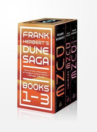 Dune by Frank Herbert three-book boxed set featuring Dune, Dune Messiah, and Children of Dune.