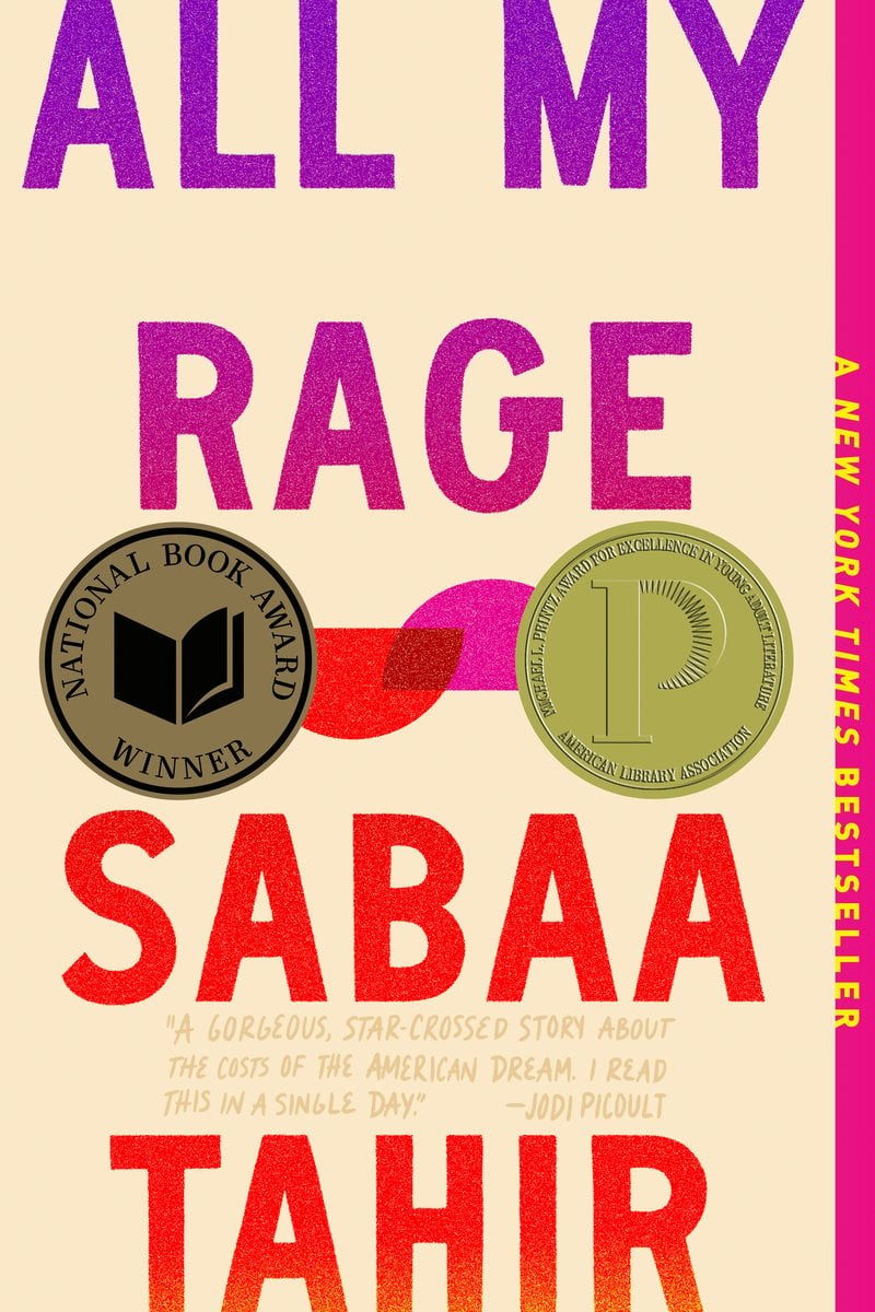 The cover of All My Rage, a YA contemporary novel, features a beige background with the title in purple and the author name in red/orange.