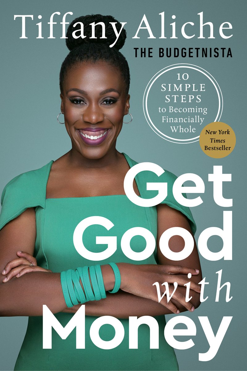 Get Good with Money by Tiffany "The Budgetnista" Aliche book cover with Tiffany Aliche standing in a teal dress against a lighter teal background.