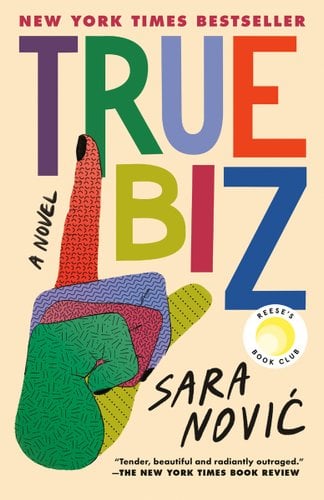 True Biz by Sara Nović book cover. A colorful, patterned, disembodied hand makes the sign for "true biz" in ASL. The fingers are curled, with the index finger pointing up and the thumb sticking out slightly.