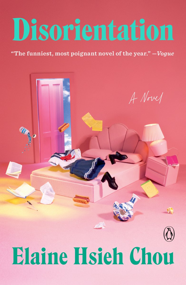 the cover of Elaine Hsieh Chou's Disorientation, featuring a pink bedroom where the furniture, papers, and a sailor outfit and shoes are all levitating off the bed and floor