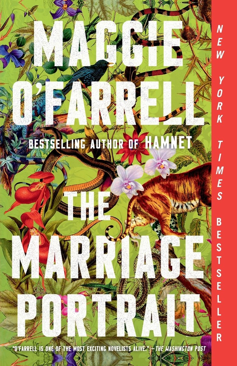 The Marriage Portrait by Maggie O'Farrell, a historical fiction novel cover depicting a lush, botanical tapestry in rich greens and golds. Swirling among leaves and vines are tiny flowers in shades of red, pink and white, near the flowers is a small wildcat in mid‐stride.