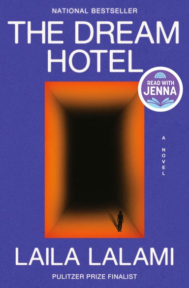 The Dream Hotel by Laila Lalalmi. A small silhouette of a woman sits before a rectangular orange portal. The Portal sits in the center, taking up a majority of the cover, against a solid purple background.