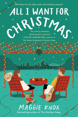 All I Want for Christmas by Maggie Knox book cover featuring two people sitting in chairs with a microphone and a mistletoe in between them.