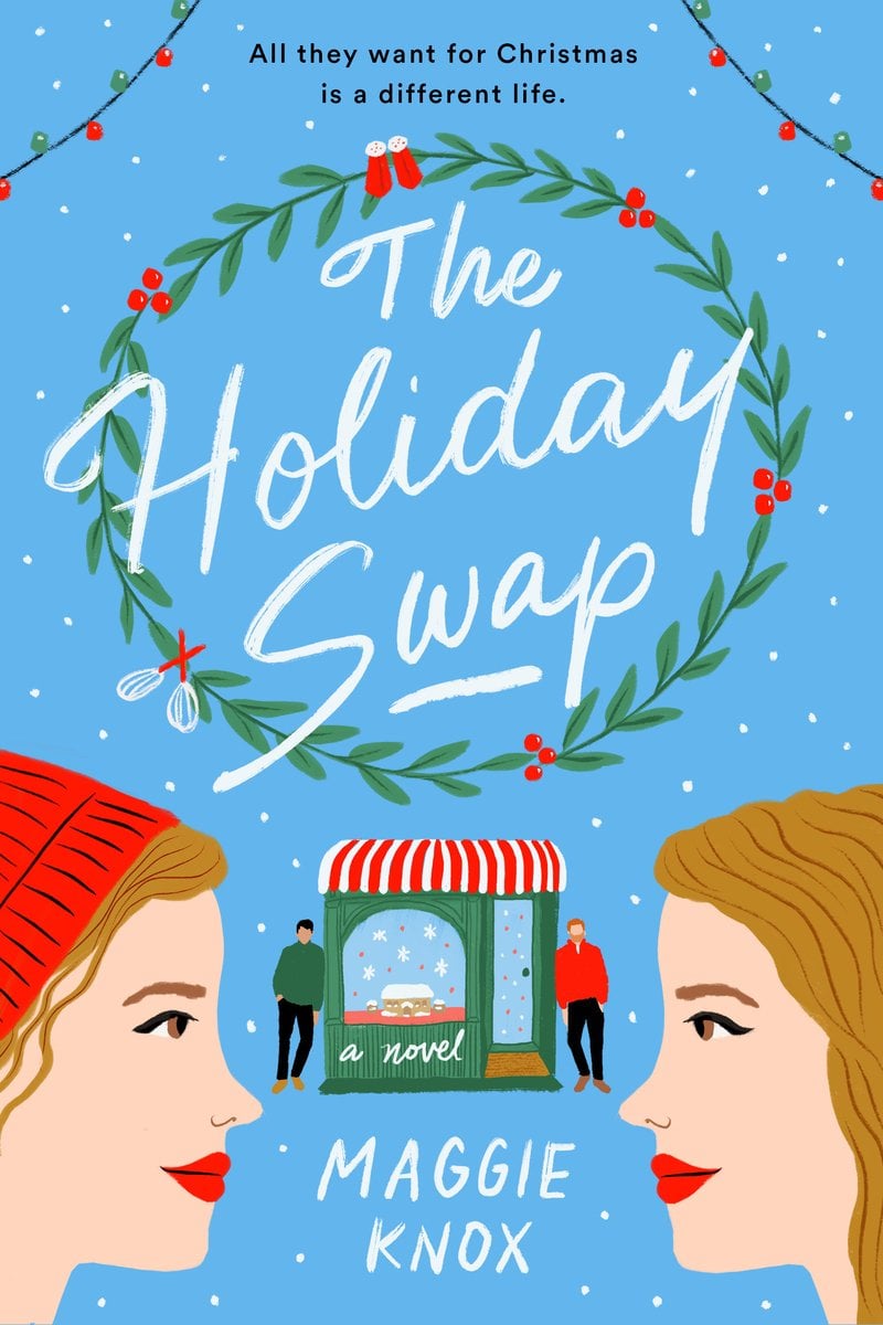 The Holiday Swap by Maggie Knox, a romance book cover depicting the side profiles of two women with blonde hair, the woman on the left is wearing a red hat. In the center of the cover is a green building with a red and white striped roof and two men, one on the right wearing a red shirt and one on the left wearing a green shirt.