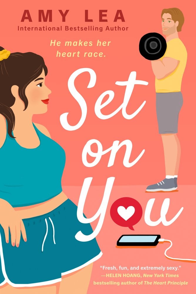 the salmon pink cover of Set On You by Amy Lea, featuring graphics of a woman and a man lifting barbells, with the title in white font between them.