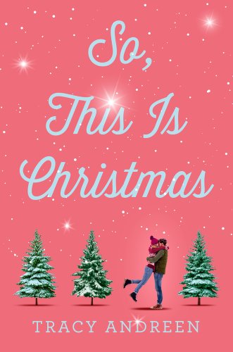 So, This is Christmas with a pink background with snow falling. A couple stands kissing and pine trees are around them.