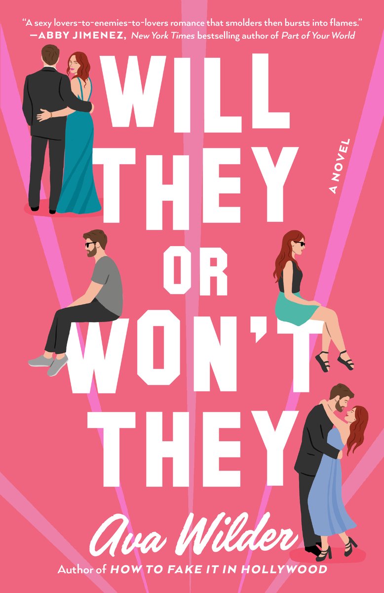 Book cover for Will They or Won't They by Ava Wilder. Pink background with bright pink stage light shape reflections shooting across page. Illustrated man and a woman are shown in several different poses in casual clothes sitting on the W and T of the title text and posing together in formal suits and dresses. White title text that looks like the Hollywood sign font.