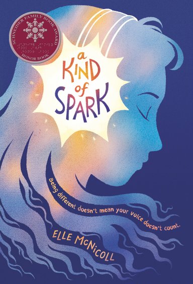 The title of the book is on a bright sparkle on top of woman's head silhouette. Her hair ends in strands and has the author of the book between them toward the bottom of the cover.