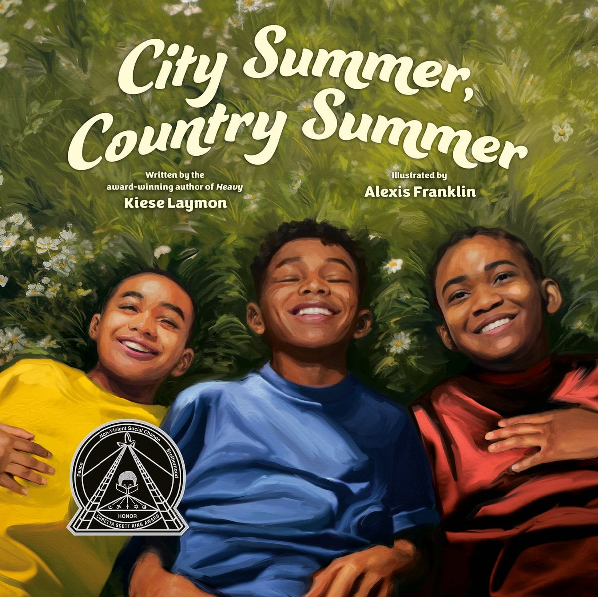 City Summer, Country Summer by Kiese Laymon, a children's book cover with three boys laying face-up in a field of grass.