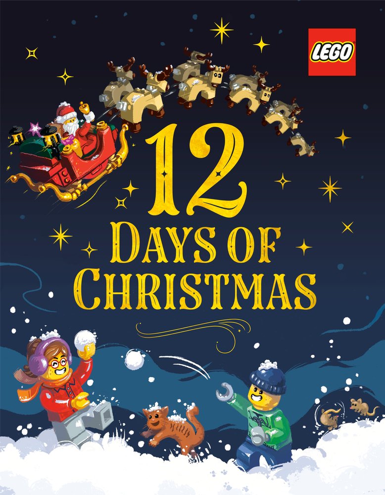 Book cover of "LEGO: 12 Days of Christmas," written by Margaret Wang and illustrated by AMEET Studio, featuring two yellow LEGO figures - one with long brown hair and glasses, one wearing a blue beanie - throwing snowballs while LEGO Santa in a sleigh pulled by LEGO reindeer fly overhead.