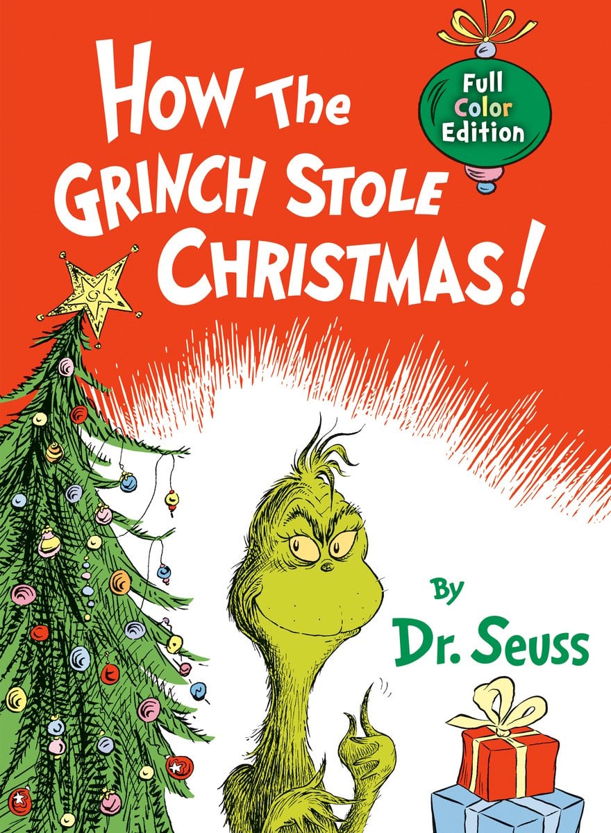 Cover of How the Grinch Stole Christmas! showing the green Grinch with a mischievous grin next to a decorated Christmas tree on an orange background
