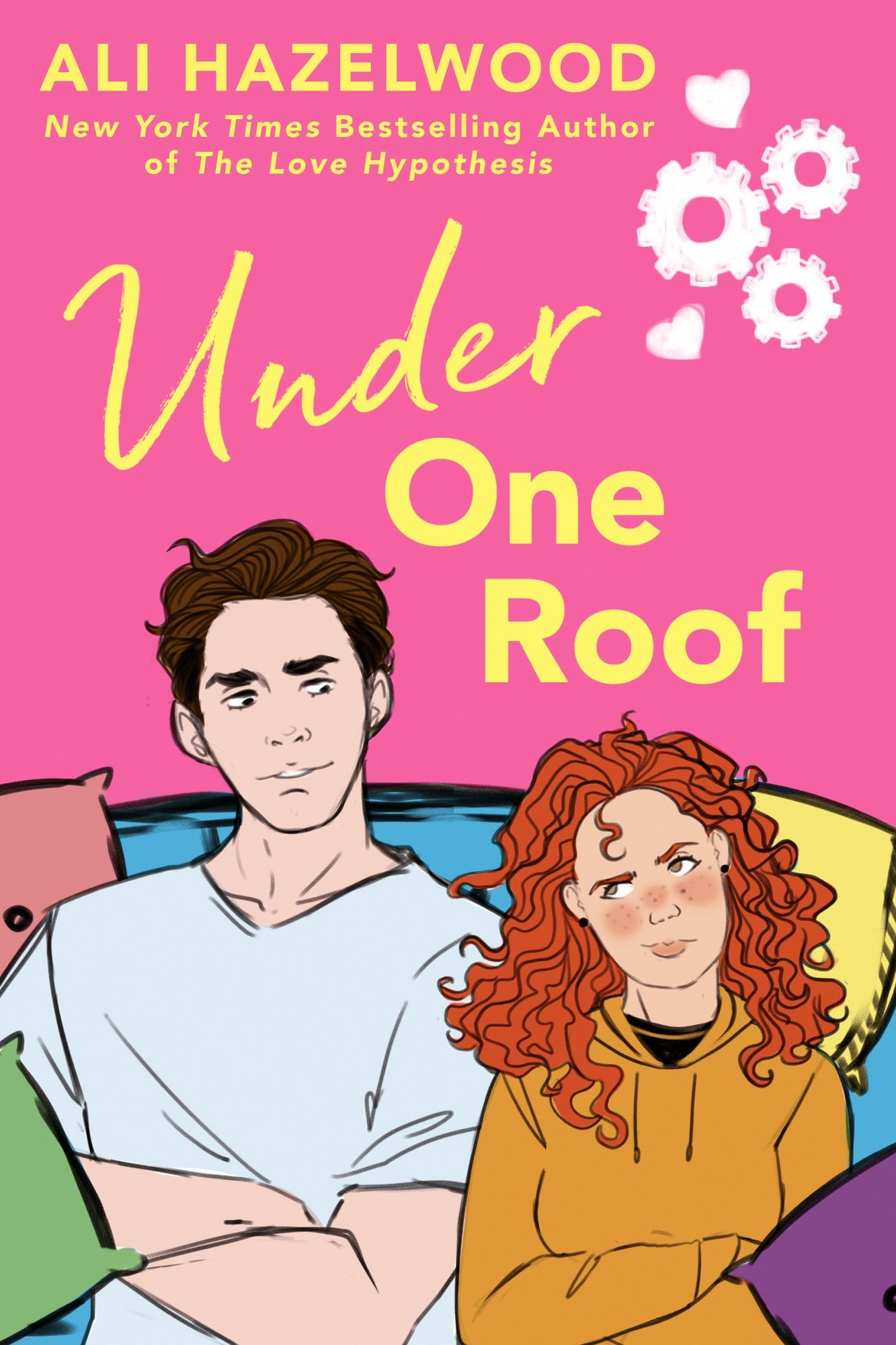 Under One Roof by Ali Hazelwood. A girl and a boy sitting on a couch crossing their arms and looking annoyed at eachother.