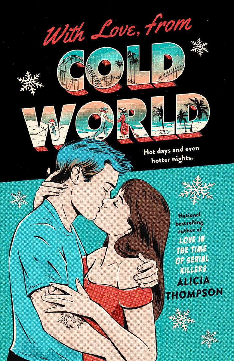 Cover of With Love, from Cold World by Alicia Thompson. A man and woman are sharing a heated embrace. The man has blue highlights in his hair and he is wearing a blue t-shirt. The brunette woman is wearing a red top with exposed shoulders. They are placed in front of a blue background while the title above them in a black background.