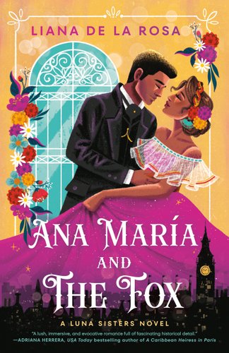 A couple is holding each other while dancing. They are framed in colorful flowers against a window. The skyline of London is framed on the bottom of the cover.