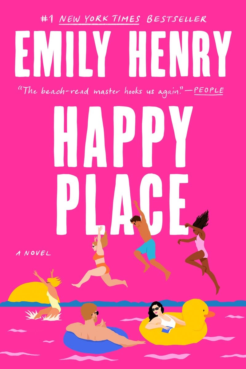 The book cover of Happy Place by Emily Henry. The cover is a bright pink and features six cartoon characters having fun in what looks like a cartoon ocean.