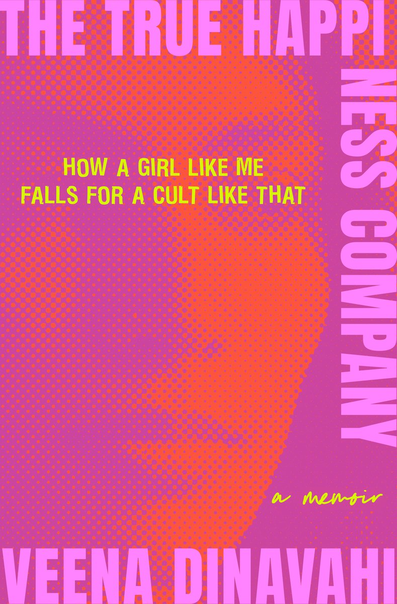 The True Happiness Company, a non-fiction book cover with a bright pink-orange gradient background and a faint close-up of a woman's face, with vivid yellow text over it, and purple text on the sides.
