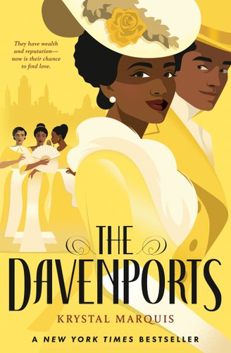 The Davenports by by Krystal Marquis, book cover depicting a black couple dressed in regency wear in shades of yellow.
