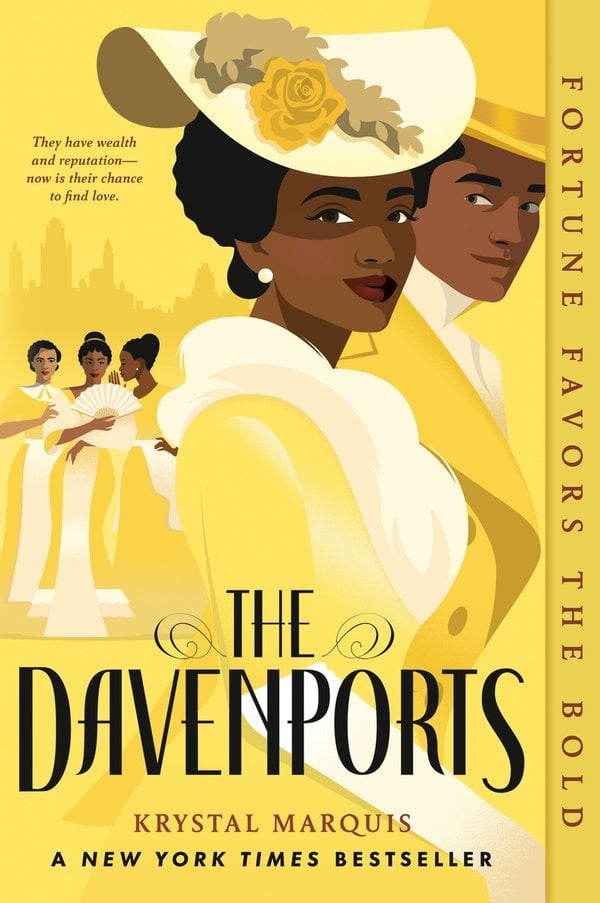 A rectangular image of a book cover for The Davenports by Krystal Marquis depicting a yellow color scheme with a man and a woman in yellow and white Gilded-age formal wear looking at the reader, with three women in dresses in the background. All characters have dark skin and black hair.