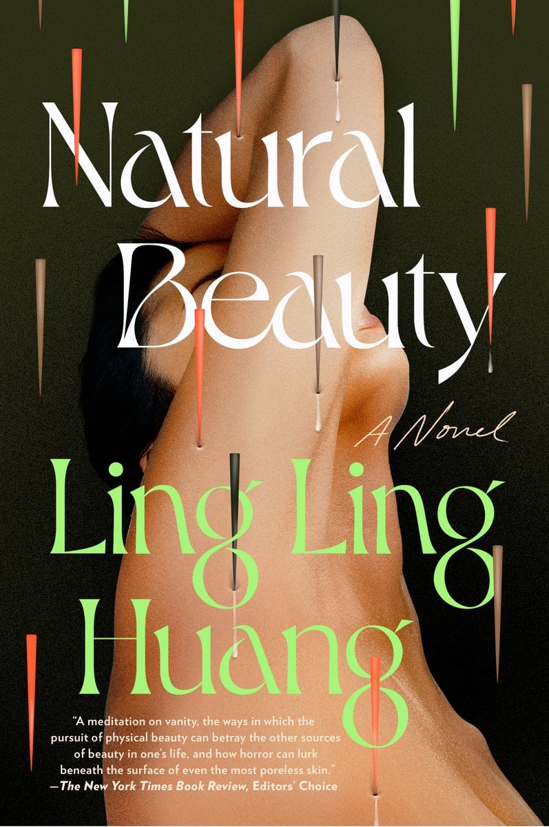 The cover of Natural Beauty, a dystopian and horror novel, features a side profile of a nude woman with her forearm covering her face and tapered needles covering her against a black background.