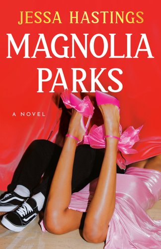 Book cover of Magnolia Parks by Jessa Hastings depicting a woman with a pink dress and heels underneath a red cloth table with a man in black and white sneakers and black pants lying next to her.