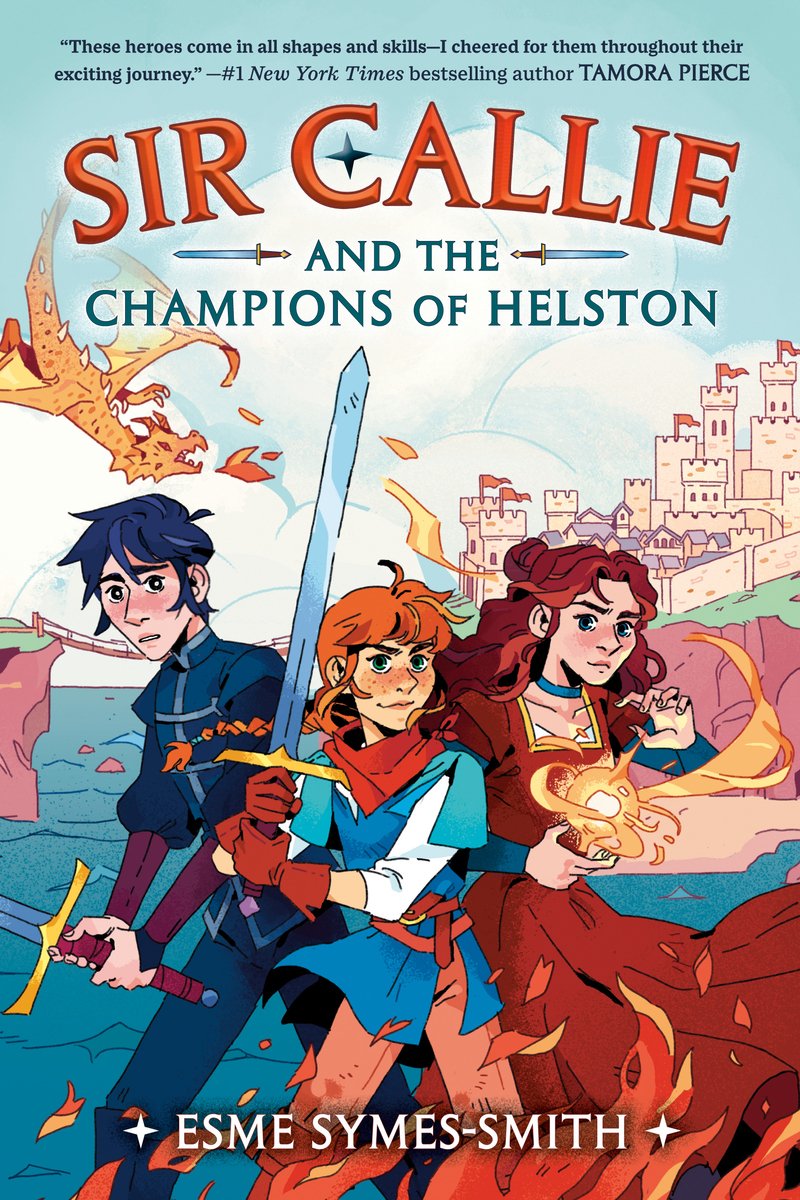 Sir Callie and the Champions of Helston by Esme Symes-Smith middle-grade fantasy book cover depicting three young teens in a fighting stance against watery background with a city in the background. Overhead, a dragon is seen shooting fire from its mouth.