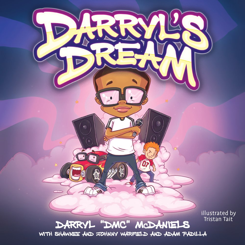 Book cover of Darryl's Dream by Darryl "DMC" McDaniels with Shawnee & Johnny Warfield and Adam Padilla, Illustrated by Tristan Tait, featuring a smiling brown-skinned boy wearing square glasses standing with arms crossed in front of a light-skinned, red haired child, a drag racing car with matching glasses, and two large subwoofers.