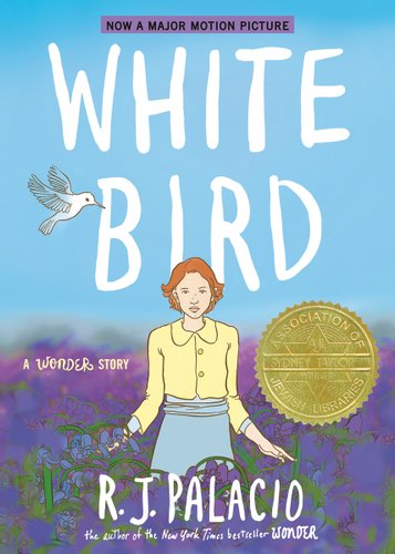 An animated cover with a woman front and centre. The woman is walking through a field of purple flowers. A white bird flies above her.