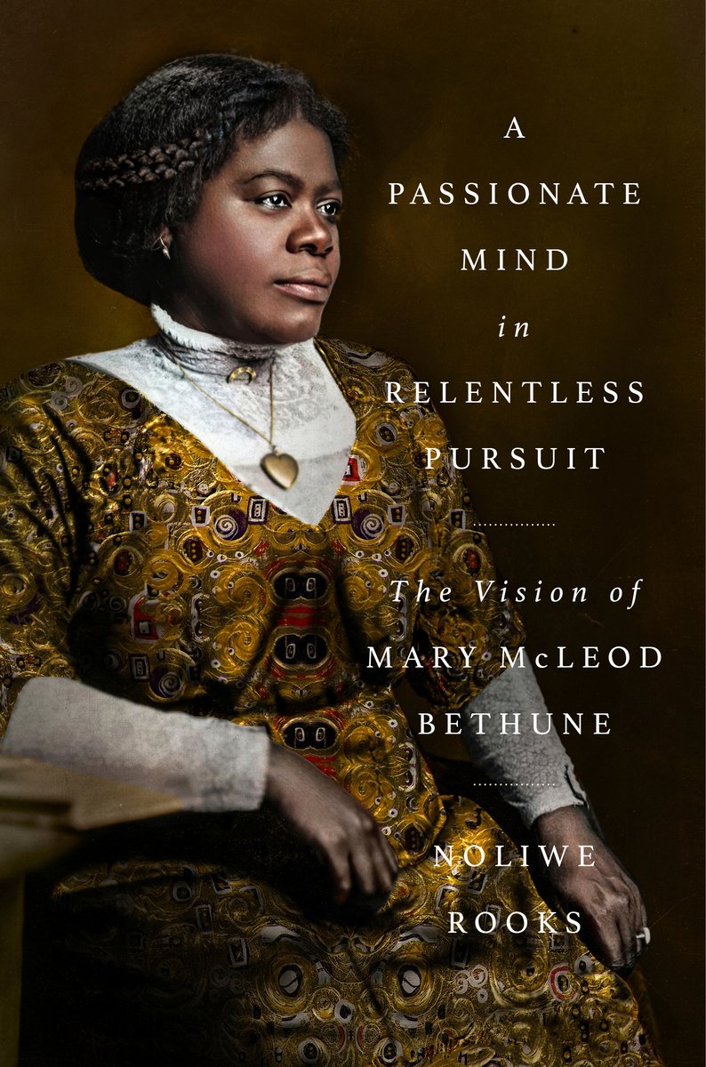 A book cover for A Passionate Mind in Relentless Pursuit: The Vision of Mary McLeod Bethune. Mary McLeod Bethune is dressed in a golden pattered dress with a high neck white lace shirt underneath, complete with a golden heart locket. Sitting down and looking out, Bethune is surrounded by a brown background.