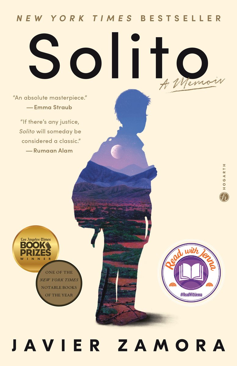 Cover of Solito by Javier Zamora. A silhouette of a boy with a backpack is placed against a cream colored background. In the silhouette is a view of a landscape with mountains and a moon lit sky.