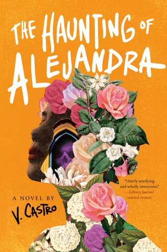 A woman's head covered in roses, leaves, and a purple skull against an orange background.