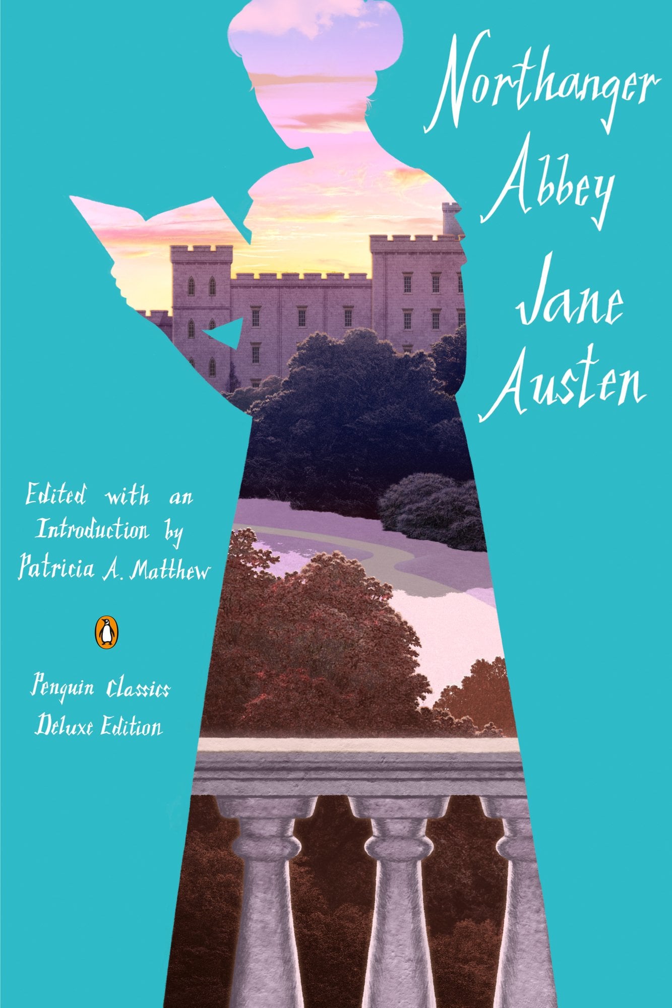 Cover of the Penguin Deluxe Edition of Northanger Abbey by Jane Austen, with a blue background and a cut out silhouette of a woman reading with buildings in the silhouette