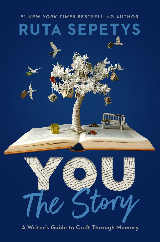 You: The Story by Ruta Sepetys cover, a tree, a bench, and a flock of birds made from book pages springing out of an open book.