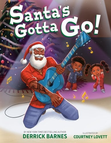 front cover of Derrick Barne's Santa's Gotta Go, showing a santa claus on a guitar, and two kids in the background annoyed.
