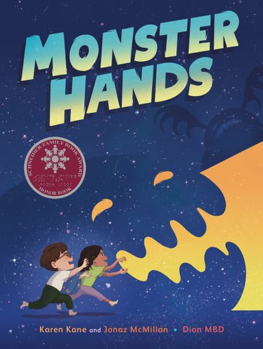 Book cover of Monster Hands by Karen Kane and Jonaz McMillan, Illustrated by Dion MBD, featuring a light-skinned child with short brown hair and a brown-skinned child with short dark hair running with hands in claw-shapes; shadows of monsters loom in the background.