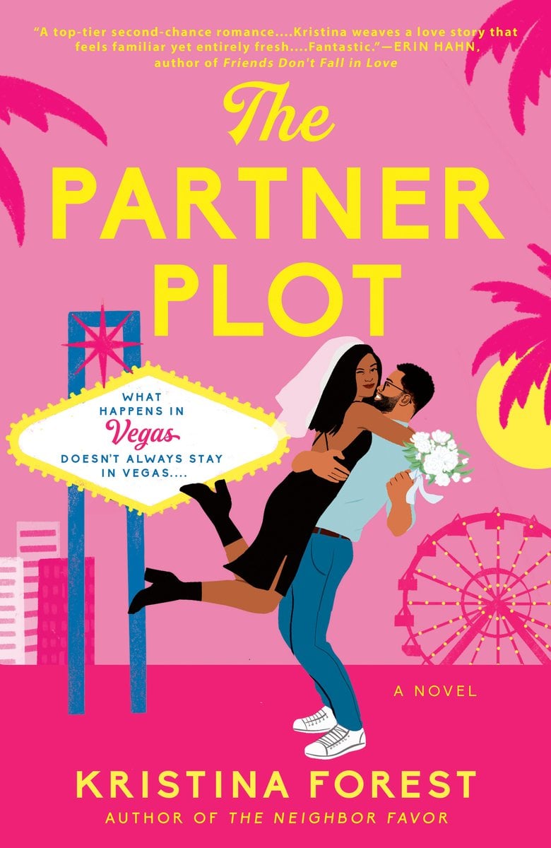 The Partner Plot by Kristina Forest, a romance book cover depicting a girl wearing a black dress and wedding veil (left) and a man with a blue shirt holding up the girl (right) over a pink background of Las Vegas.
